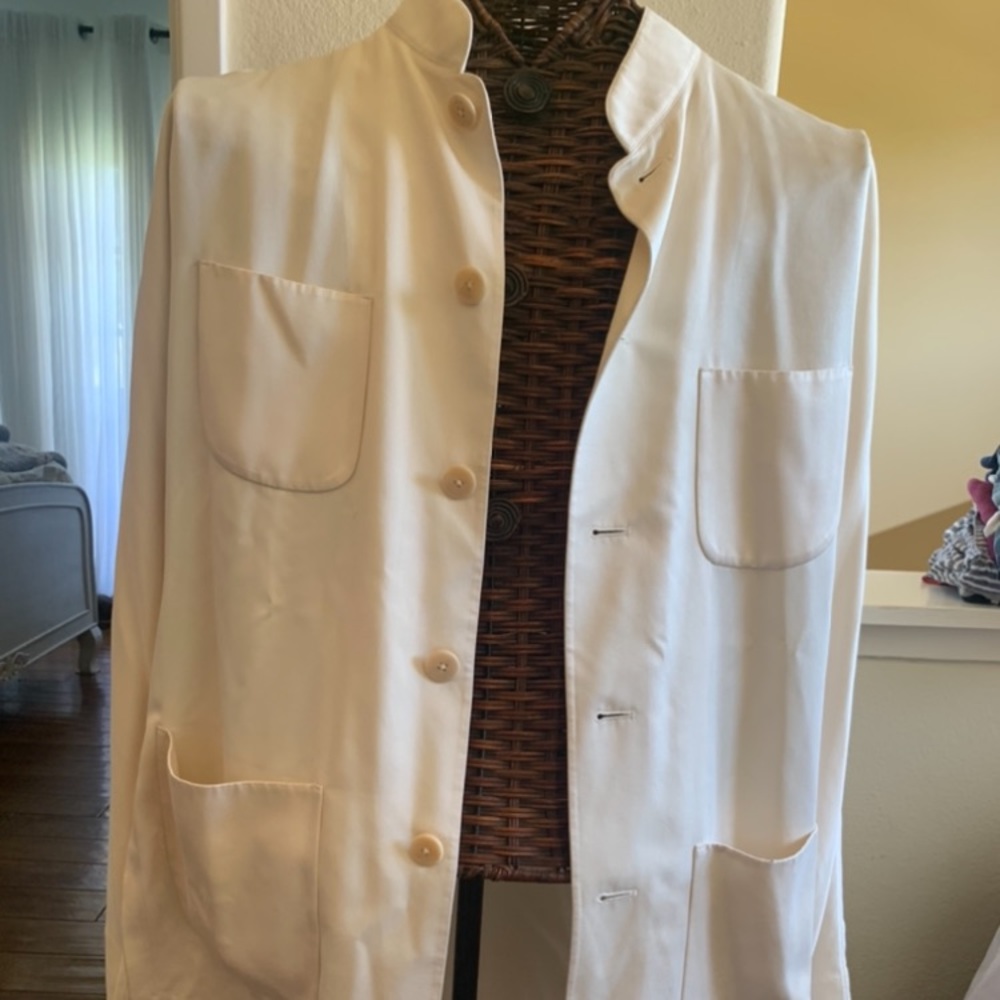 100% silk, cream button down shirt.